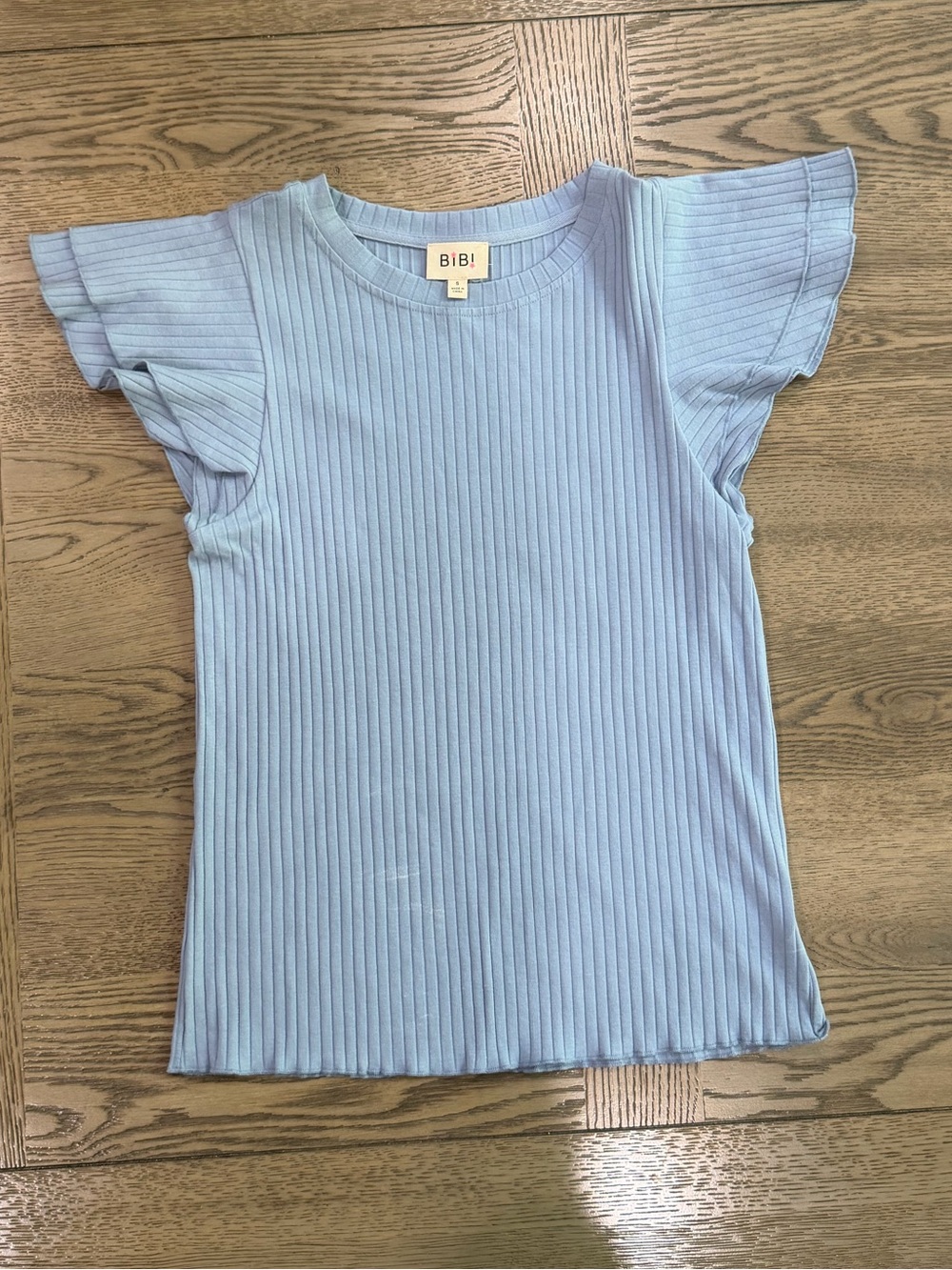 BiBi Pale Blue Ribbed Fitted Flutter Ruffle Sleeve Top Like New